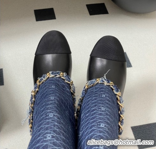 Cheap Price Chanel Denim, Calfskin & Grosgrain Heel High Boots 6cm with Foldover Bootleg and Chain Navy Blue 2025 CH0715