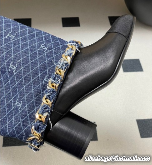 Cheap Price Chanel Denim, Calfskin & Grosgrain Heel High Boots 6cm with Foldover Bootleg and Chain Navy Blue 2025 CH0715