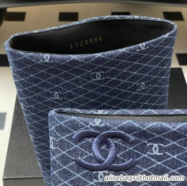 Cheap Price Chanel Denim, Calfskin & Grosgrain Heel High Boots 6cm with Foldover Bootleg and Chain Navy Blue 2025 CH0715