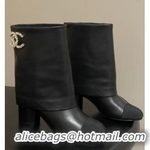 Big Discount Chanel Calfskin & Grosgrain Heel Ankle Boots 6cm with Foldover Bootleg Black 2025 CH071516