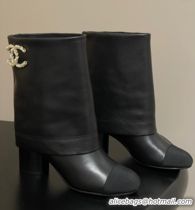 Big Discount Chanel Calfskin & Grosgrain Heel Ankle Boots 6cm with Foldover Bootleg Black 2025 CH071516