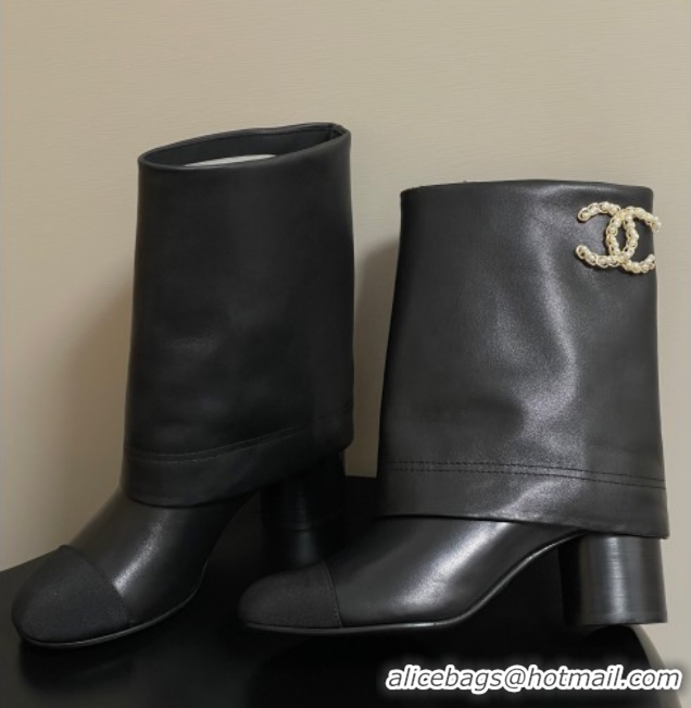 Big Discount Chanel Calfskin & Grosgrain Heel Ankle Boots 6cm with Foldover Bootleg Black 2025 CH071516