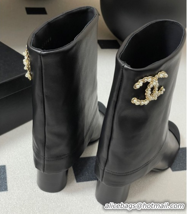 Big Discount Chanel Calfskin & Grosgrain Heel Ankle Boots 6cm with Foldover Bootleg Black 2025 CH071516