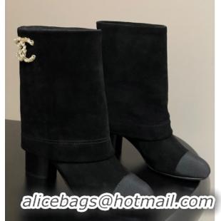 Classic Specials Chanel Suede & Grosgrain Heel Ankle Boots 6cm with Foldover Bootleg Black 2025 CH071516