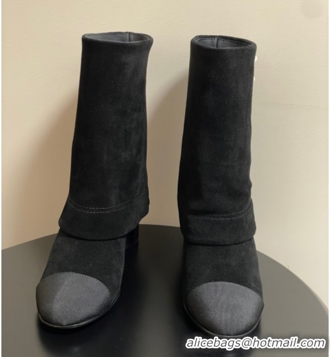 Classic Specials Chanel Suede & Grosgrain Heel Ankle Boots 6cm with Foldover Bootleg Black 2025 CH071516