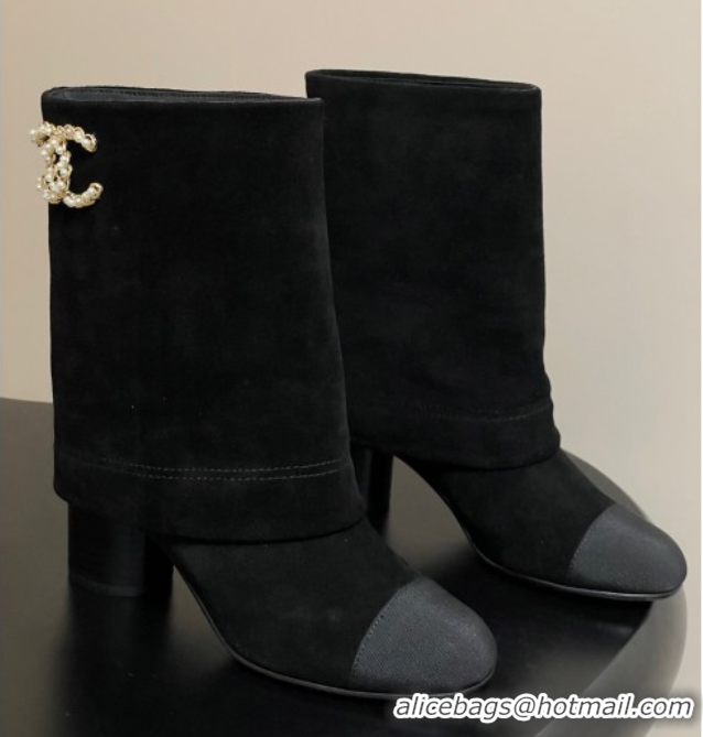 Classic Specials Chanel Suede & Grosgrain Heel Ankle Boots 6cm with Foldover Bootleg Black 2025 CH071516