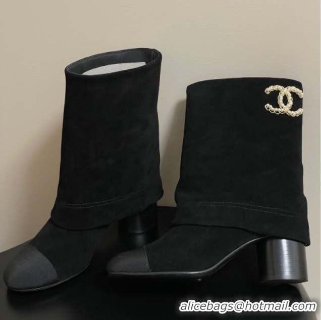 Classic Specials Chanel Suede & Grosgrain Heel Ankle Boots 6cm with Foldover Bootleg Black 2025 CH071516