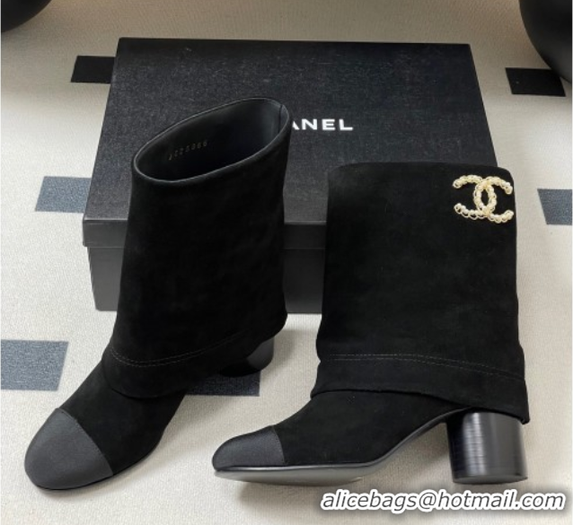 Classic Specials Chanel Suede & Grosgrain Heel Ankle Boots 6cm with Foldover Bootleg Black 2025 CH071516