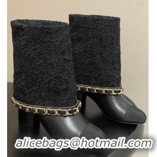 Best Product Chanel Lace, Calfskin & Grosgrain Heel Ankle Boots 6cm with Foldover and Chain Black 2025 CH071517