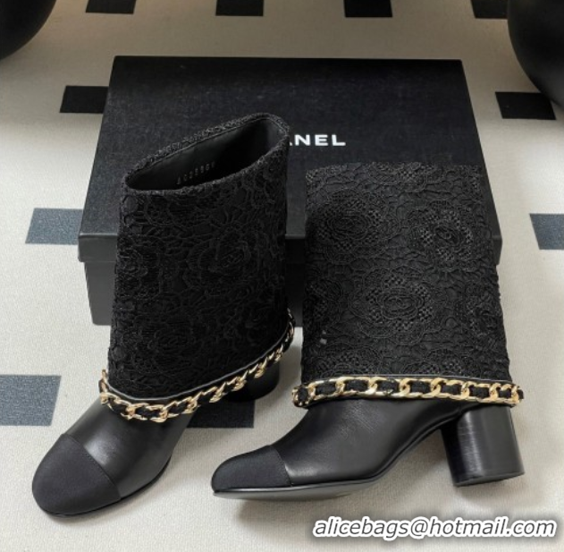 Best Product Chanel Lace, Calfskin & Grosgrain Heel Ankle Boots 6cm with Foldover and Chain Black 2025 CH071517