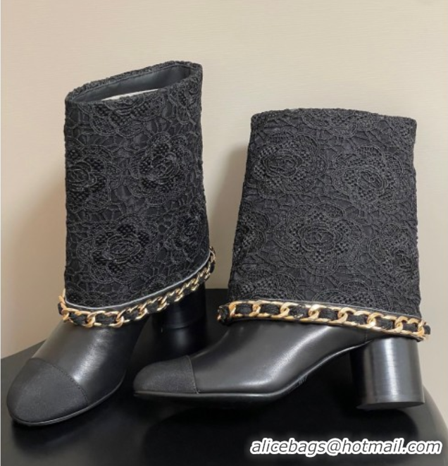 Best Product Chanel Lace, Calfskin & Grosgrain Heel Ankle Boots 6cm with Foldover and Chain Black 2025 CH071517