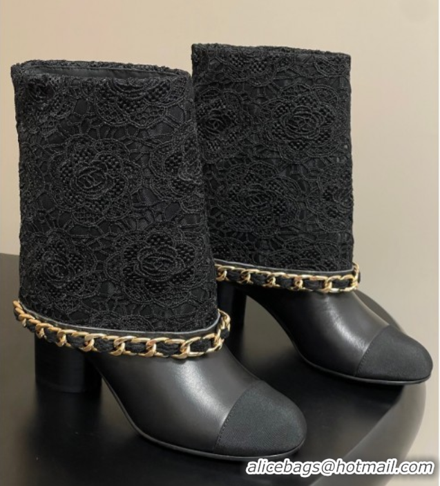 Best Product Chanel Lace, Calfskin & Grosgrain Heel Ankle Boots 6cm with Foldover and Chain Black 2025 CH071517