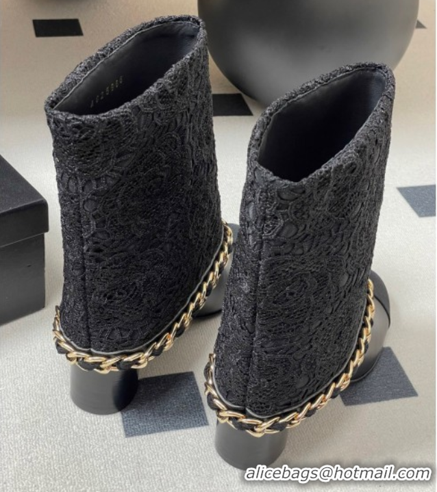 Best Product Chanel Lace, Calfskin & Grosgrain Heel Ankle Boots 6cm with Foldover and Chain Black 2025 CH071517