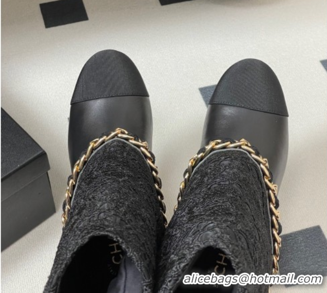 Best Product Chanel Lace, Calfskin & Grosgrain Heel Ankle Boots 6cm with Foldover and Chain Black 2025 CH071517