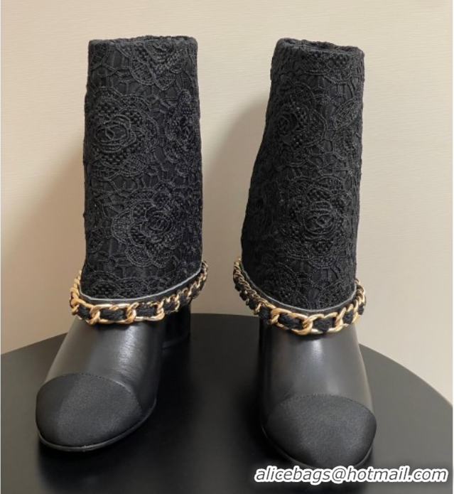 Best Product Chanel Lace, Calfskin & Grosgrain Heel Ankle Boots 6cm with Foldover and Chain Black 2025 CH071517
