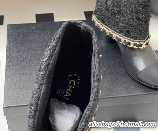 Best Product Chanel Lace, Calfskin & Grosgrain Heel Ankle Boots 6cm with Foldover and Chain Black 2025 CH071517