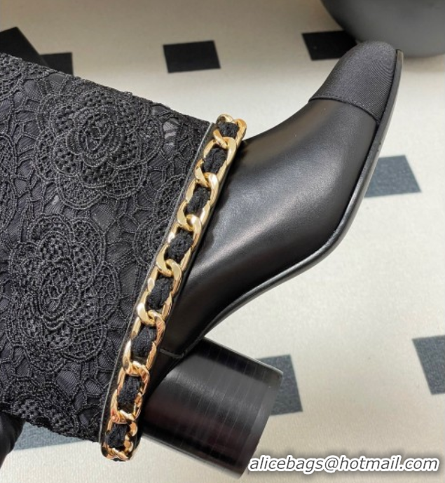 Best Product Chanel Lace, Calfskin & Grosgrain Heel Ankle Boots 6cm with Foldover and Chain Black 2025 CH071517