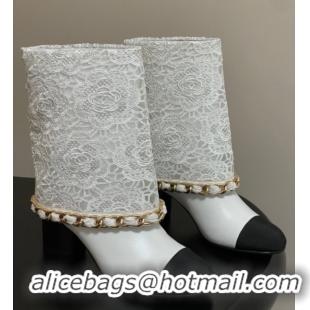 Sophisticated Chanel Lace, Calfskin & Grosgrain Heel Ankle Boots 6cm with Foldover and Chain White 2025 CH071517