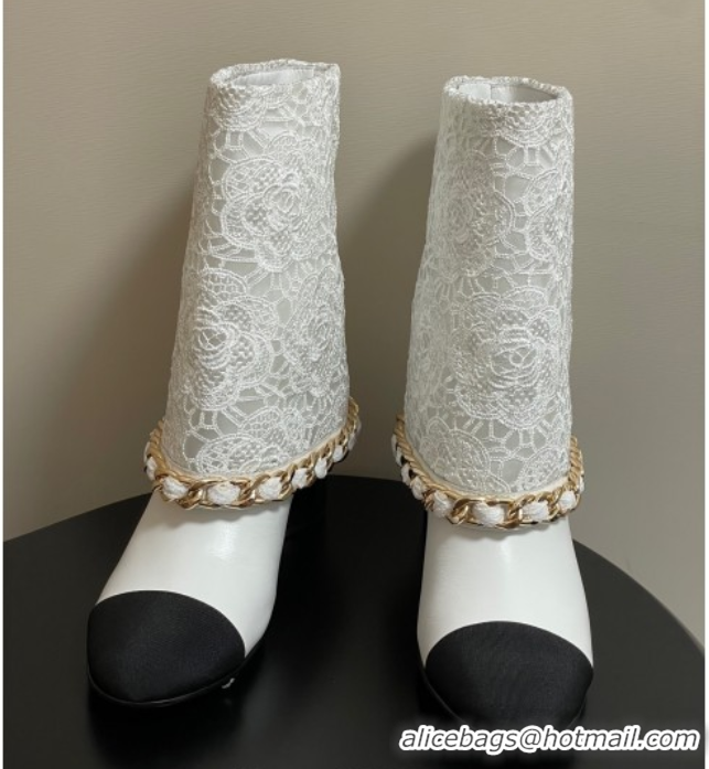 Sophisticated Chanel Lace, Calfskin & Grosgrain Heel Ankle Boots 6cm with Foldover and Chain White 2025 CH071517