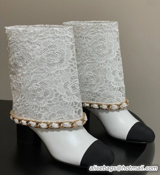 Sophisticated Chanel Lace, Calfskin & Grosgrain Heel Ankle Boots 6cm with Foldover and Chain White 2025 CH071517