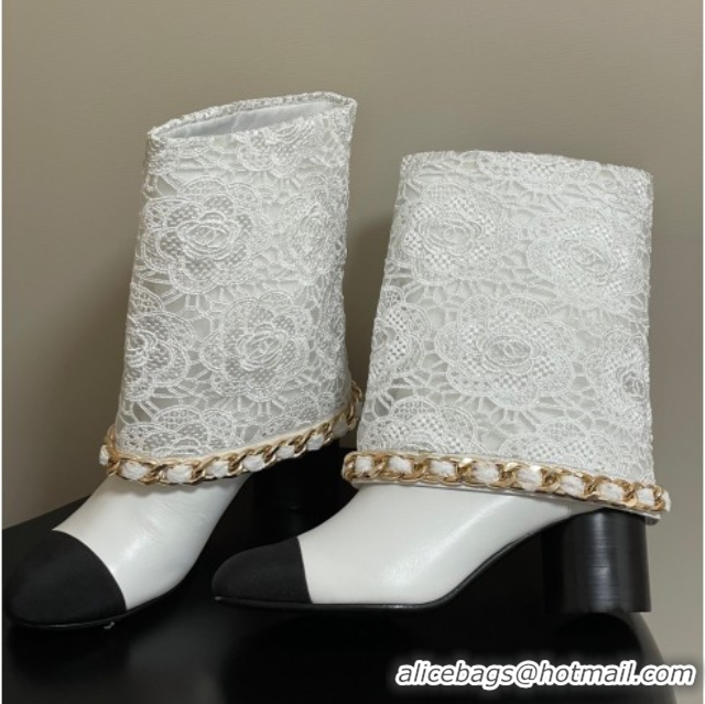 Sophisticated Chanel Lace, Calfskin & Grosgrain Heel Ankle Boots 6cm with Foldover and Chain White 2025 CH071517