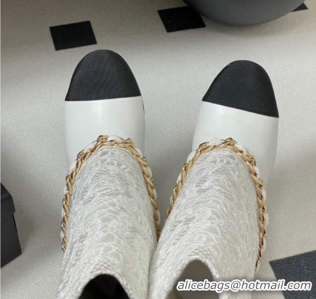 Sophisticated Chanel Lace, Calfskin & Grosgrain Heel Ankle Boots 6cm with Foldover and Chain White 2025 CH071517