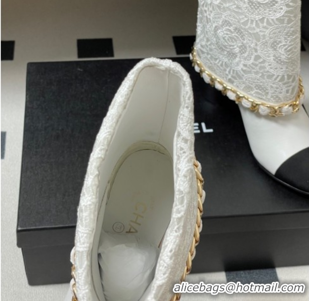 Sophisticated Chanel Lace, Calfskin & Grosgrain Heel Ankle Boots 6cm with Foldover and Chain White 2025 CH071517