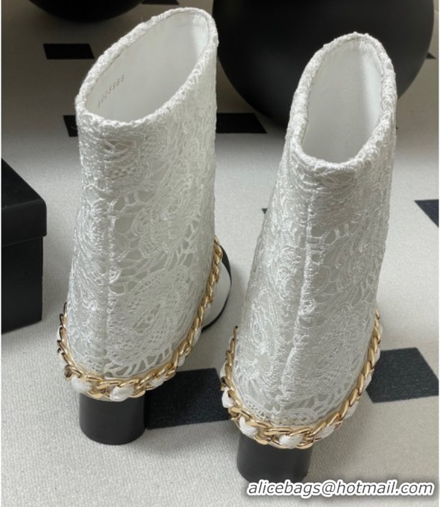 Sophisticated Chanel Lace, Calfskin & Grosgrain Heel Ankle Boots 6cm with Foldover and Chain White 2025 CH071517