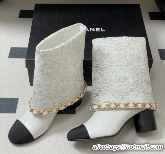 Sophisticated Chanel Lace, Calfskin & Grosgrain Heel Ankle Boots 6cm with Foldover and Chain White 2025 CH071517