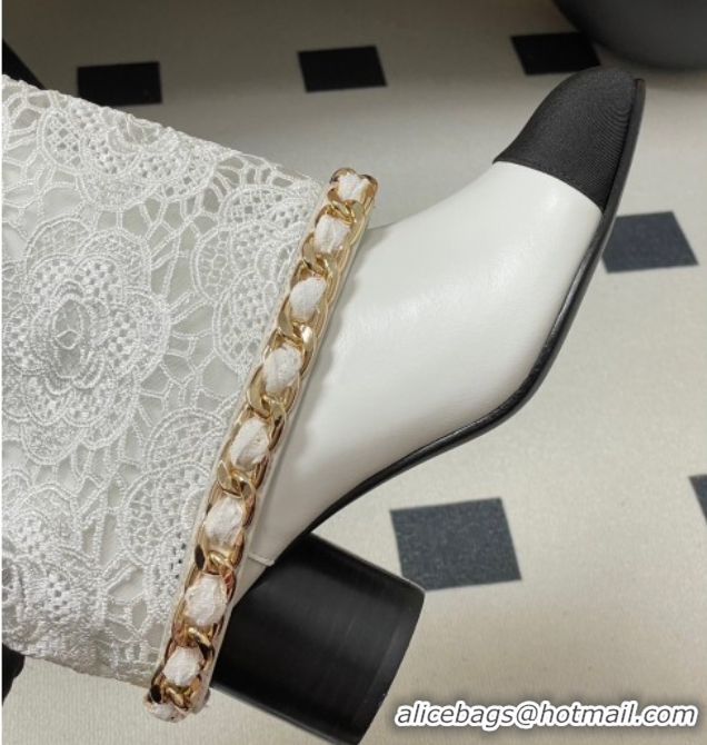 Sophisticated Chanel Lace, Calfskin & Grosgrain Heel Ankle Boots 6cm with Foldover and Chain White 2025 CH071517