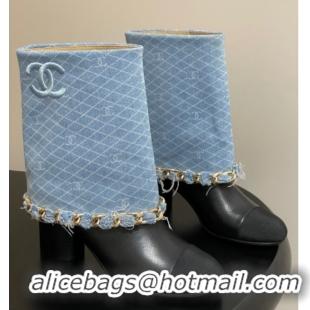 Stylish Chanel Denim, Calfskin & Grosgrain Heel Ankle Boots 6cm with Foldover and Chain Light Blue 2025 CH071517