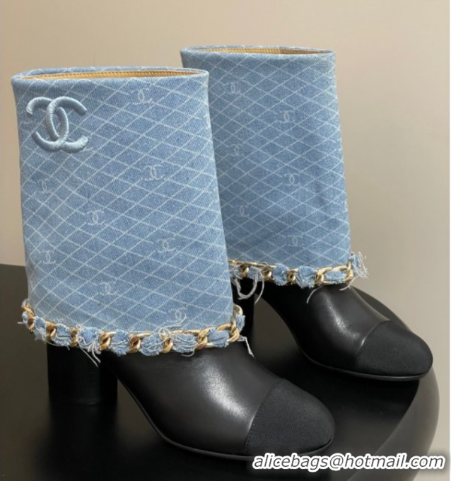 Stylish Chanel Denim, Calfskin & Grosgrain Heel Ankle Boots 6cm with Foldover and Chain Light Blue 2025 CH071517