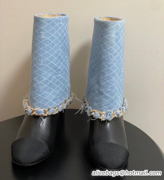 Stylish Chanel Denim, Calfskin & Grosgrain Heel Ankle Boots 6cm with Foldover and Chain Light Blue 2025 CH071517