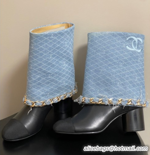 Stylish Chanel Denim, Calfskin & Grosgrain Heel Ankle Boots 6cm with Foldover and Chain Light Blue 2025 CH071517