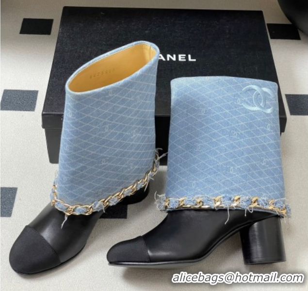 Stylish Chanel Denim, Calfskin & Grosgrain Heel Ankle Boots 6cm with Foldover and Chain Light Blue 2025 CH071517