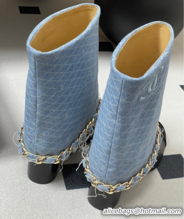 Stylish Chanel Denim, Calfskin & Grosgrain Heel Ankle Boots 6cm with Foldover and Chain Light Blue 2025 CH071517