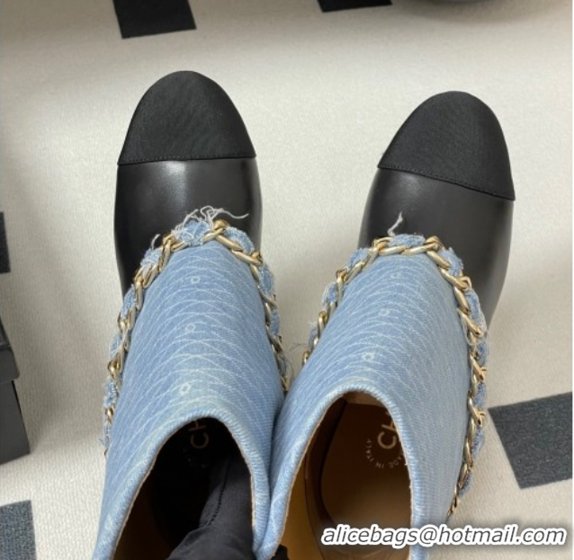 Stylish Chanel Denim, Calfskin & Grosgrain Heel Ankle Boots 6cm with Foldover and Chain Light Blue 2025 CH071517