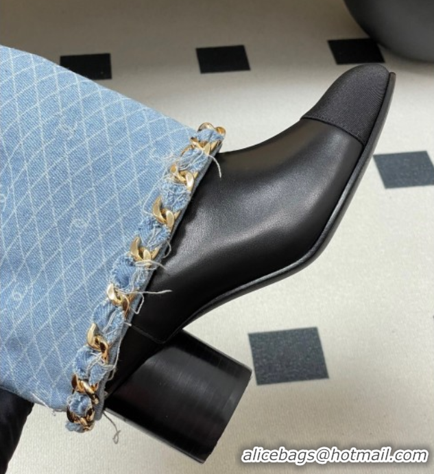 Stylish Chanel Denim, Calfskin & Grosgrain Heel Ankle Boots 6cm with Foldover and Chain Light Blue 2025 CH071517