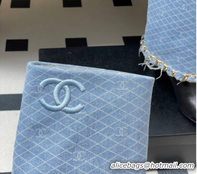 Stylish Chanel Denim, Calfskin & Grosgrain Heel Ankle Boots 6cm with Foldover and Chain Light Blue 2025 CH071517