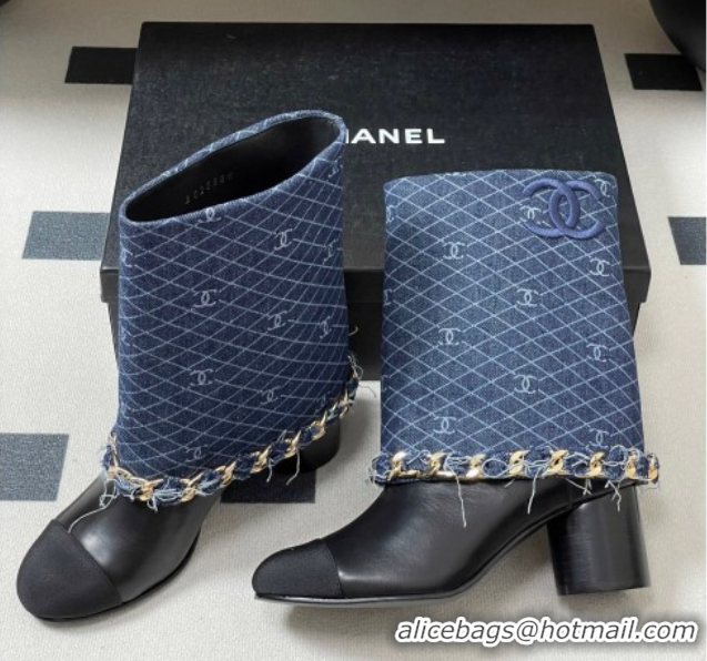 Charming Chanel Denim, Calfskin & Grosgrain Heel Ankle Boots 6cm with Foldover and Chain Navy Blue 2025 CH071517