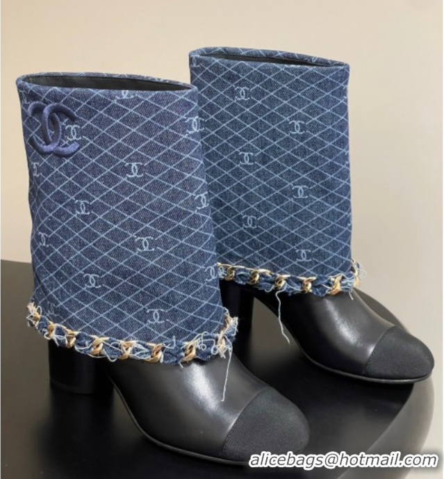 Charming Chanel Denim, Calfskin & Grosgrain Heel Ankle Boots 6cm with Foldover and Chain Navy Blue 2025 CH071517