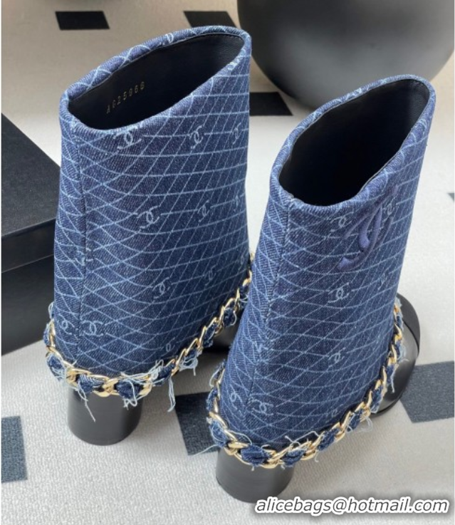 Charming Chanel Denim, Calfskin & Grosgrain Heel Ankle Boots 6cm with Foldover and Chain Navy Blue 2025 CH071517