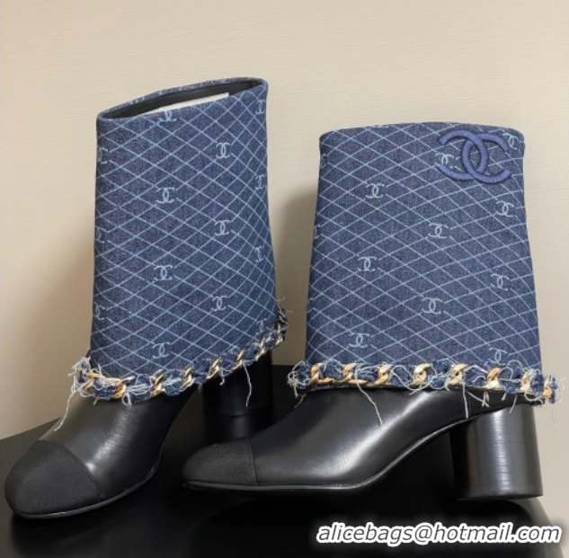 Charming Chanel Denim, Calfskin & Grosgrain Heel Ankle Boots 6cm with Foldover and Chain Navy Blue 2025 CH071517