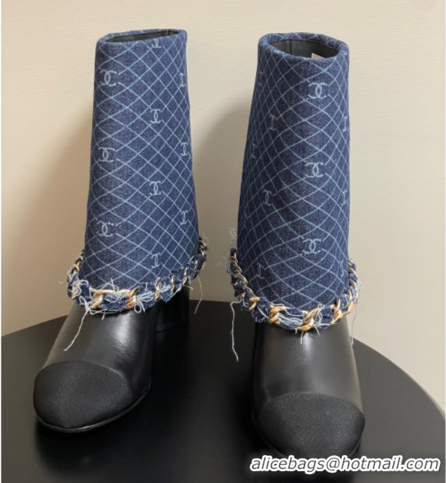 Charming Chanel Denim, Calfskin & Grosgrain Heel Ankle Boots 6cm with Foldover and Chain Navy Blue 2025 CH071517