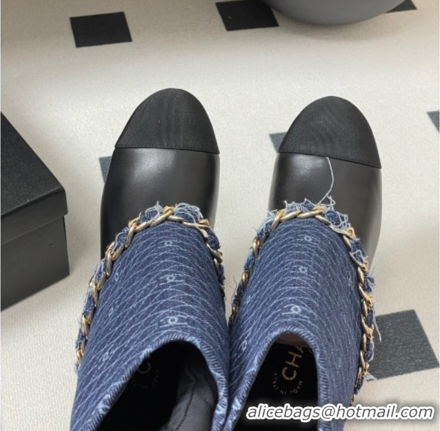 Charming Chanel Denim, Calfskin & Grosgrain Heel Ankle Boots 6cm with Foldover and Chain Navy Blue 2025 CH071517