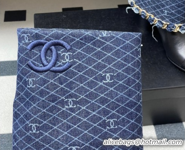 Charming Chanel Denim, Calfskin & Grosgrain Heel Ankle Boots 6cm with Foldover and Chain Navy Blue 2025 CH071517