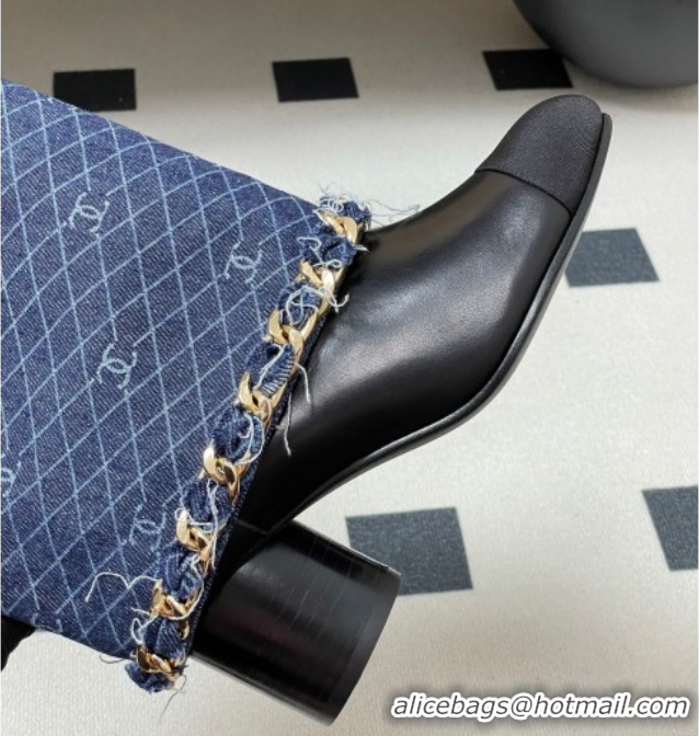 Charming Chanel Denim, Calfskin & Grosgrain Heel Ankle Boots 6cm with Foldover and Chain Navy Blue 2025 CH071517