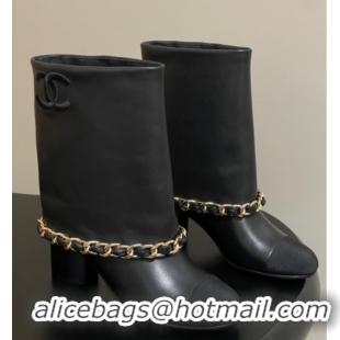 Good Quality Chanel Calfskin Leather & Grosgrain Heel Ankle Boots 6cm with Foldover and Chain Black 2025 CH071517