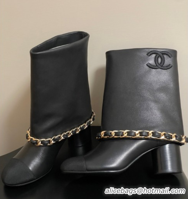 Good Quality Chanel Calfskin Leather & Grosgrain Heel Ankle Boots 6cm with Foldover and Chain Black 2025 CH071517