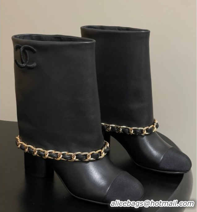 Good Quality Chanel Calfskin Leather & Grosgrain Heel Ankle Boots 6cm with Foldover and Chain Black 2025 CH071517